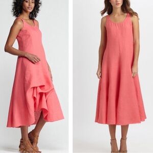 Eileen Fisher Irish Linen Dress Coral Pink Bustled Adjustable Hem size Small